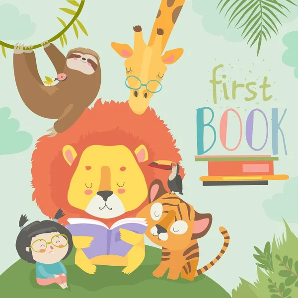 Lilla flickan läsa bok med tecknade djur. Lejon, tiger, giraff, slot — Stock vektor