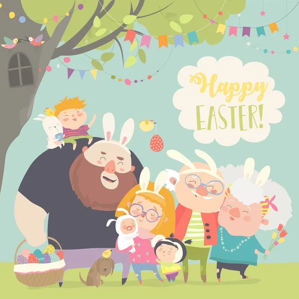 Rodzina ładny świętować Wielkanoc. Ojciec, matka, Dziadek, Babcia, Syn, Córka — Wektor stockowy