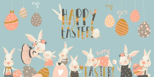 Kelinci lucu dan kelinci dengan telur Paskah - Stok Vektor