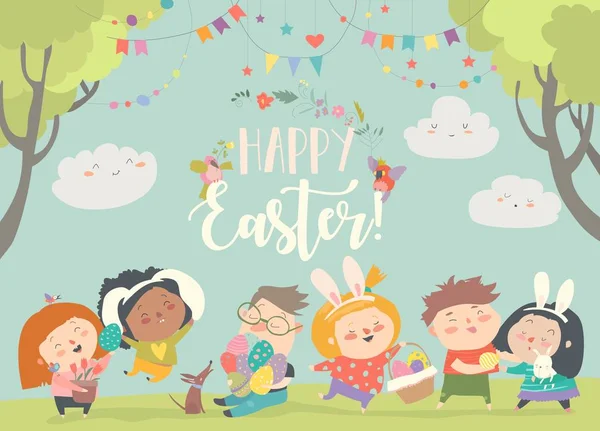Bambini felici che celebrano la Pasqua nel bosco — Vettoriale Stock