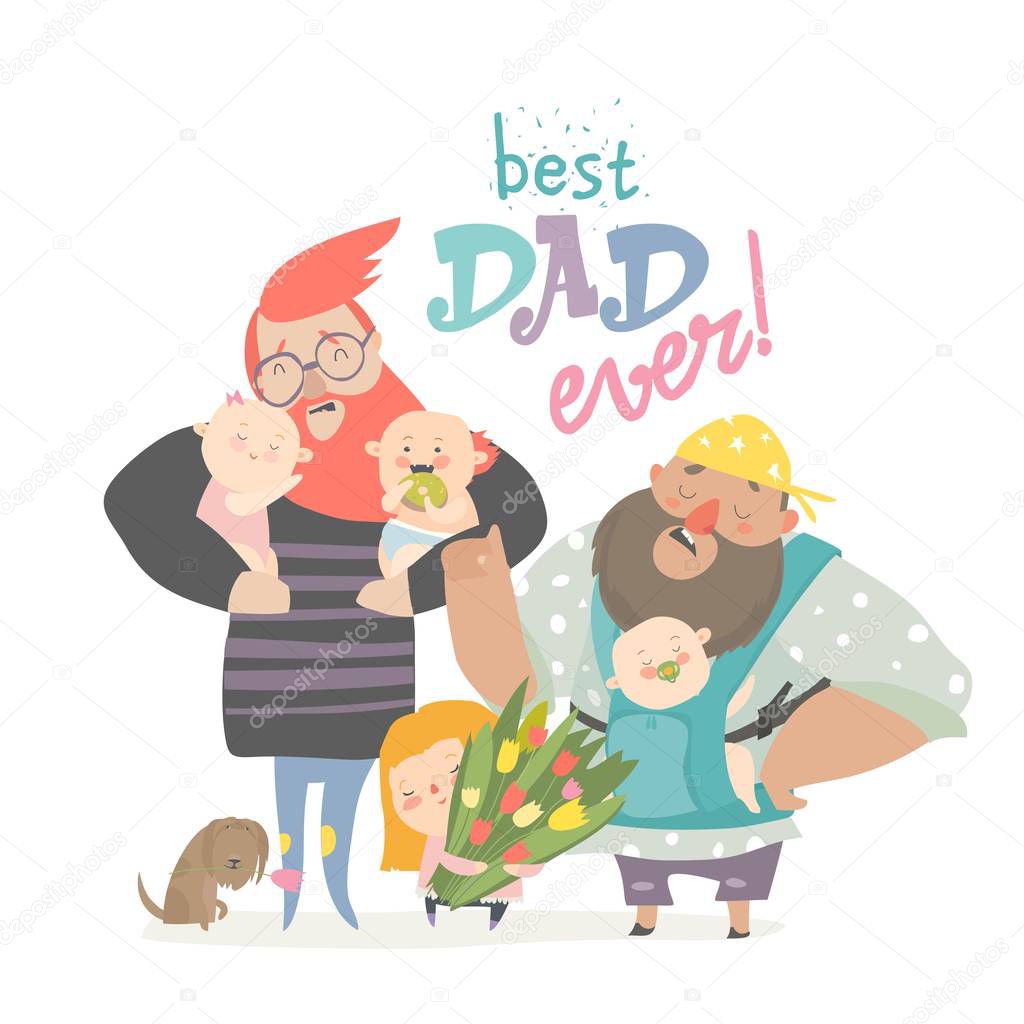 Happy Fathers day card. Fathers with their babies