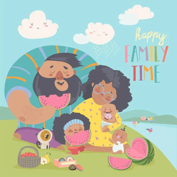 Una familia feliz en un picnic. Papá, mamá, hija y bebés descansan en la naturaleza — Vector de stock