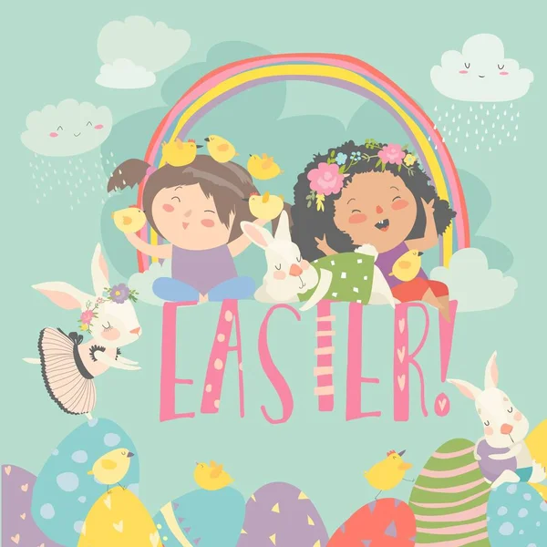 Niñas lindas con tema de Pascua. Feliz Pascua — Archivo Imágenes Vectoriales