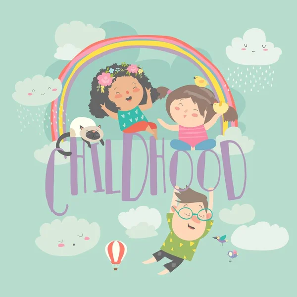 Crianças bonitos com arco-íris. infância feliz. Fundo de verão —  Vetores de Stock