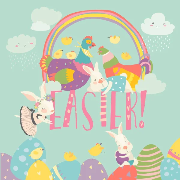 Leuke chick en bunny met paaseieren — Stockvector