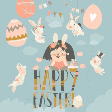 Paskalya tavşanları ile sevimli küçük kız. Mutlu Paskalya