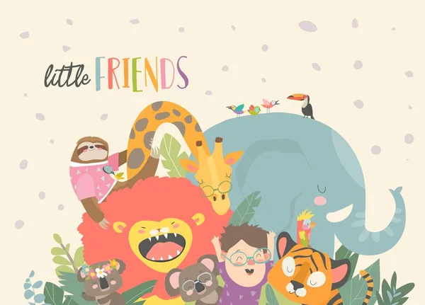 Menino com animal de desenhos animados. Amigos felizes — Vetor de Stock