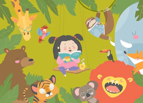 Una niña leyendo un libro con un animal de dibujos animados. León, tigre, jirafa, ranura — Archivo Imágenes Vectoriales