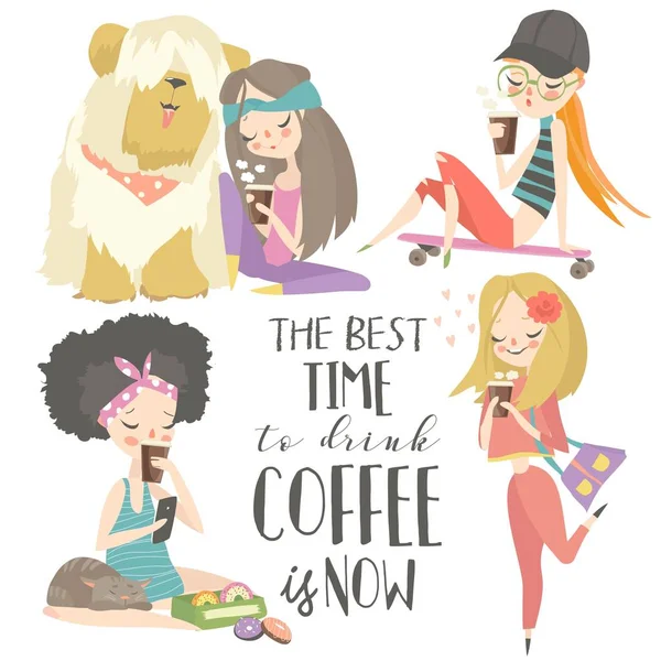 Rozkošné mladé dívky popíjejí kávu. Vektorová množina — Stockový vektor