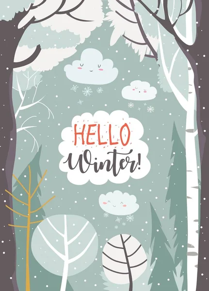 Kış ormanı ile karikatür çerçeve. Merhaba kış — Stok Vektör