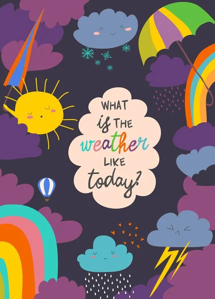 天気と漫画のフレーム。太陽、雲、雨、虹、雪 — ストックベクタ