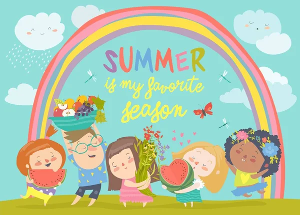 Bambini dei cartoni animati con fiori e frutta. Ciao estate — Vettoriale Stock