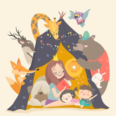Mum and her kids reading book in a tepee tent clipart