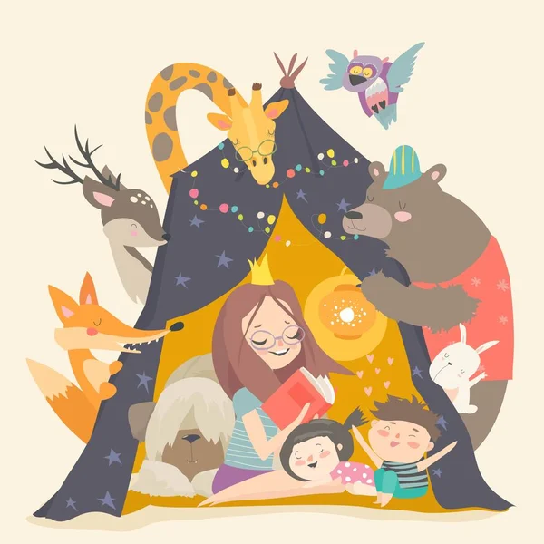 Mum and her kids reading book in a tepee tent — Stock Vector