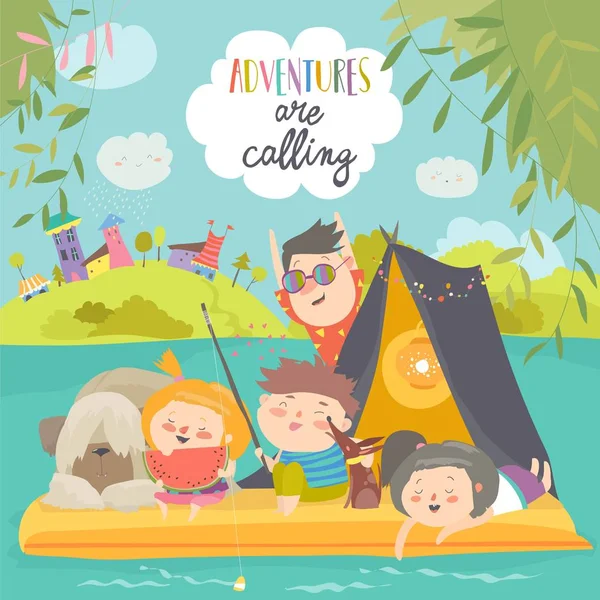 Happy kids riding on the raft on the lake. Little friends floating in a raft on the pond — Stock Vector