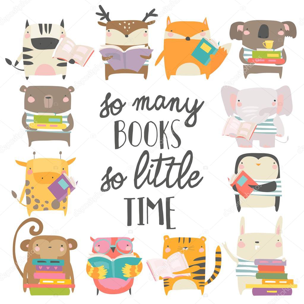 Cute animals reading books on white background