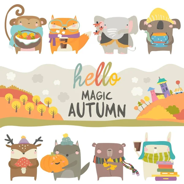 Set of cute animals with autumn theme on white background — Stock Vector