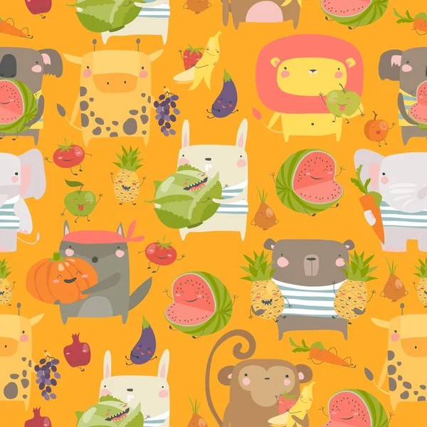 Padrão sem costura com animais de desenhos animados segurando frutas e legumes no fundo laranja —  Vetores de Stock