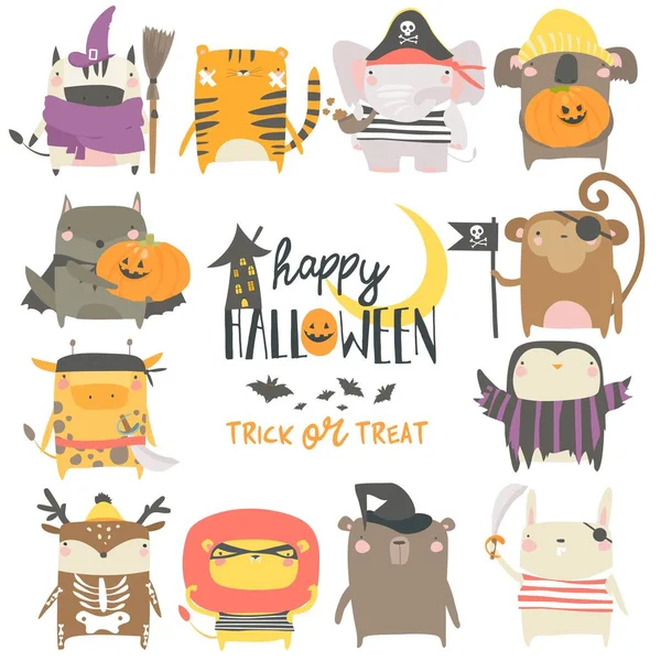 Set van grappige dieren personages gekleed in Halloween kostuums — Stockvector