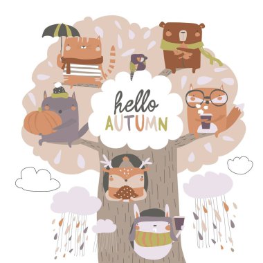 Sevimli hayvanlar beyaz arka plan üzerinde sonbahar ağacı üzerinde oturup