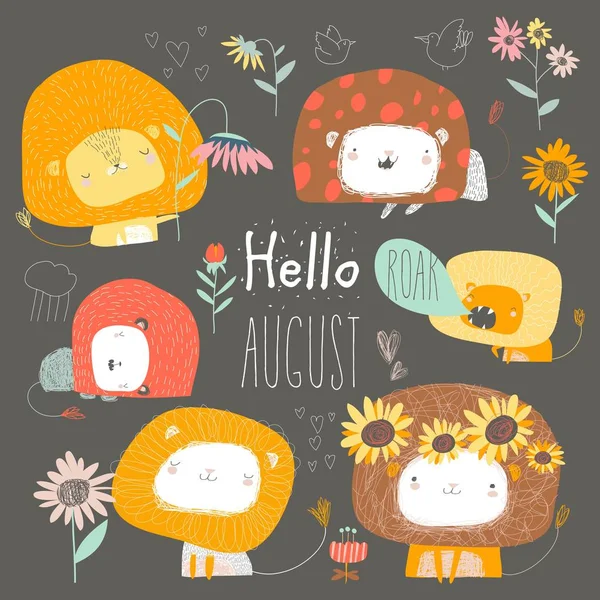 Набор милых львов и цветов. Hello august — стоковый вектор