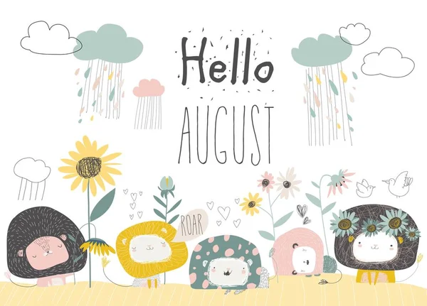 Cute lions with flowers and clouds. Hello august — Stock Vector