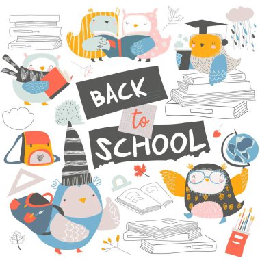 Kitaplarla sevimli baykuş seti. Okula geri dön