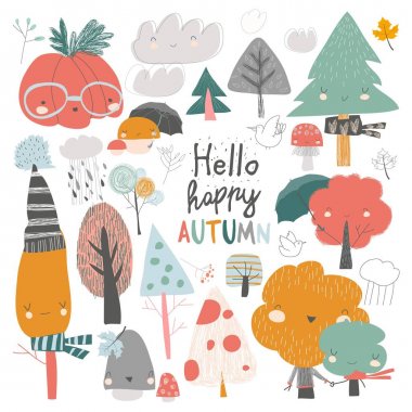 Renkli sonbahar ağaçları. Beyaz arka plan karikatür sarı turuncu sonbahar ağacı