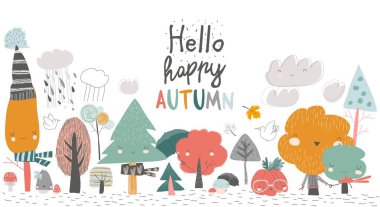 Renkli sonbahar ağaçları. Beyaz arka plan karikatür sarı turuncu sonbahar ağacı