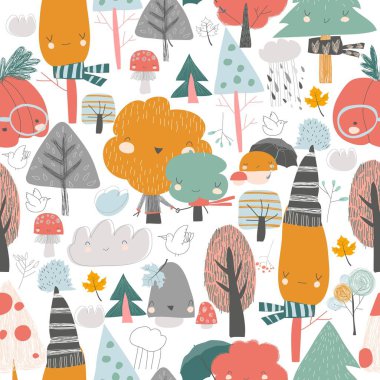 Renkli sonbahar ağaçları ile dikişsiz desen. Beyaz arka plan karikatür sarı turuncu sonbahar ağacı