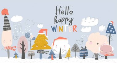 Sevimli kış ağaçları. Mavi arka planda karikatür kış ağaçları