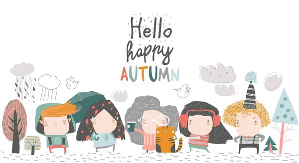 Cute children meeting autumn wearing warm clothes