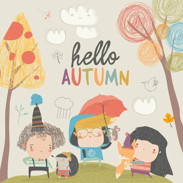 Lindos niños encontrándose otoño con pequeños animales — Vector de stock