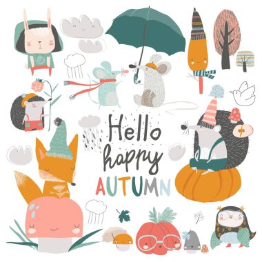 Karikatür tarzında sevimli orman hayvanları ile sonbahar seti