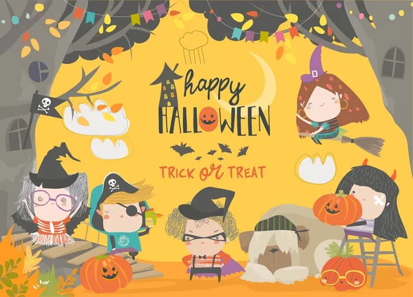 Roliga barn bär i Halloween kostymer. Bus eller godis — Stock vektor
