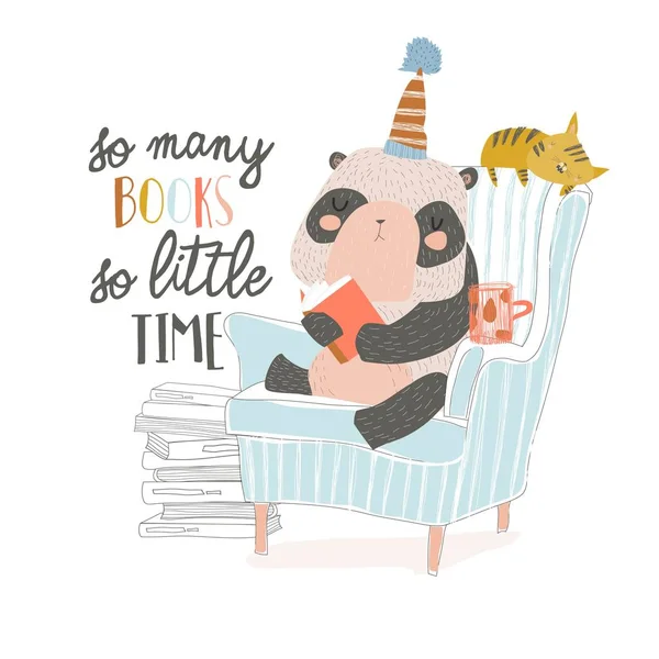 Cute panda sitting in armchair and reading book — Stock Vector