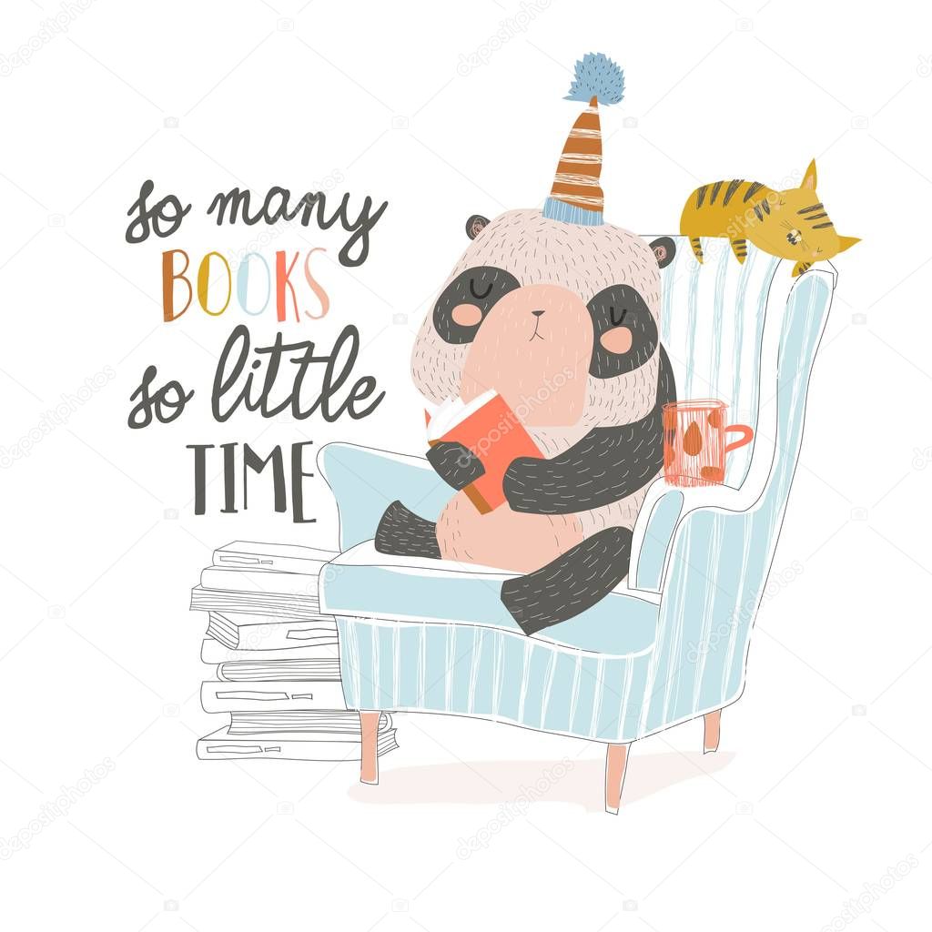 Cute panda sitting in armchair and reading book