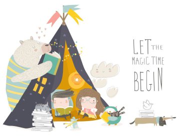 Teepee çadırında hayvanlarla kitap okuyan çocuklar
