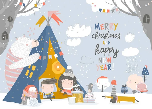 Kids celebrating Christmas with animals in a teepee tent — Stock Vector