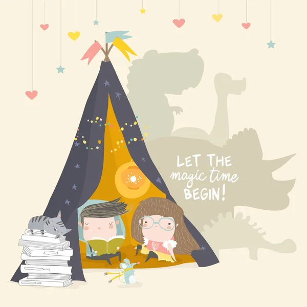 Teepee çadırında kitap okuyan çocuklar — Stok Vektör