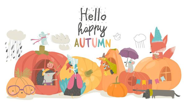 Cute animals with pumpkins on white background