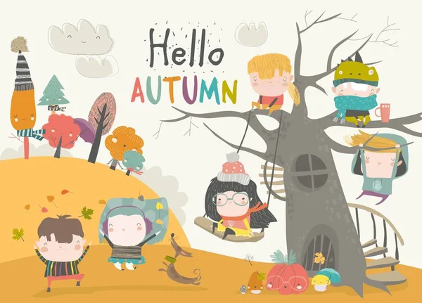 Niños felices jugando en el parque de otoño. Hola otoño — Vector de stock