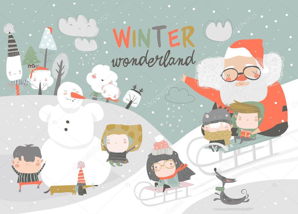 Happy cute kids playing winter games with Santa Claus. Hello winter
