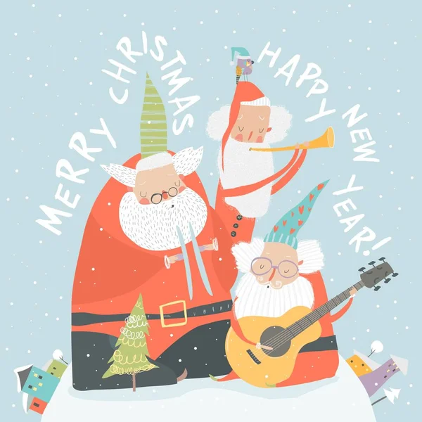 Забавные Санта Клаусы играют на музыкальных инструментах. Счастливого Рождества! — стоковый вектор