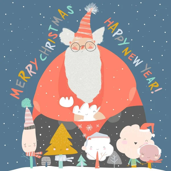 Divertido Papá Noel con árboles de invierno. Feliz Navidad. — Archivo Imágenes Vectoriales