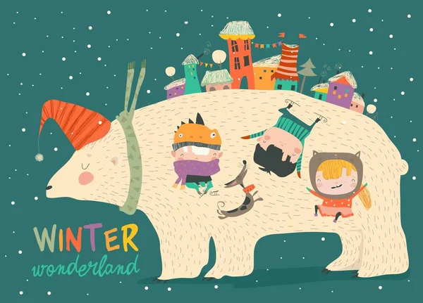 Lindos niños celebrando la Navidad con gran oso polar — Vector de stock