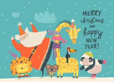 Santa Claus skating with lion, giraffe,panda and koala clipart