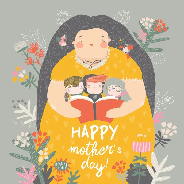 Cute mother reading book with her children in flowers — Stock Vector