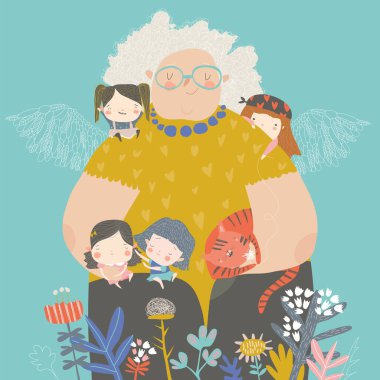 Cute cartoon grandmother hugging their grandchildren in flowers clipart
