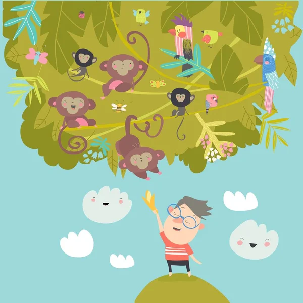 Desenhos animados menino alimentando macacos com bananas — Vetor de Stock